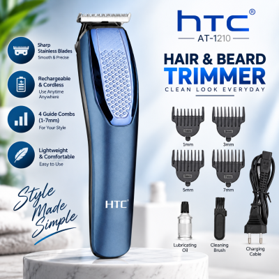HTC AT-1210 Rechargeable Cordless Beard & Hair Trimmer (Blue) – Dual Battery Support, 4 Clipper Attachments & 45-Min Runtime Grooming Kit